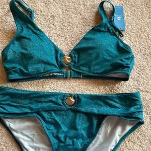 Women’s 2 piece Cupshe Teal gold metallic Bikini NEW